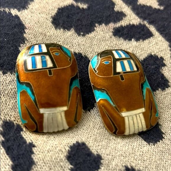 Vintage Sterling Silver Egyptian Revival Scarab Earrings - Picture 1 of 4